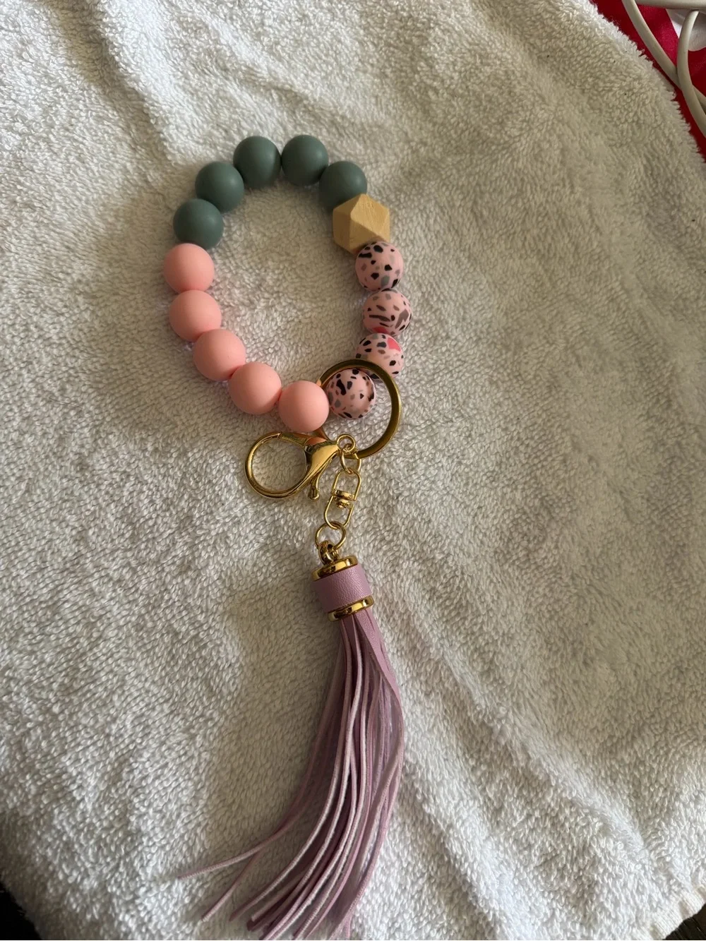 Beaded Wrist Keychain with Pink Tassel